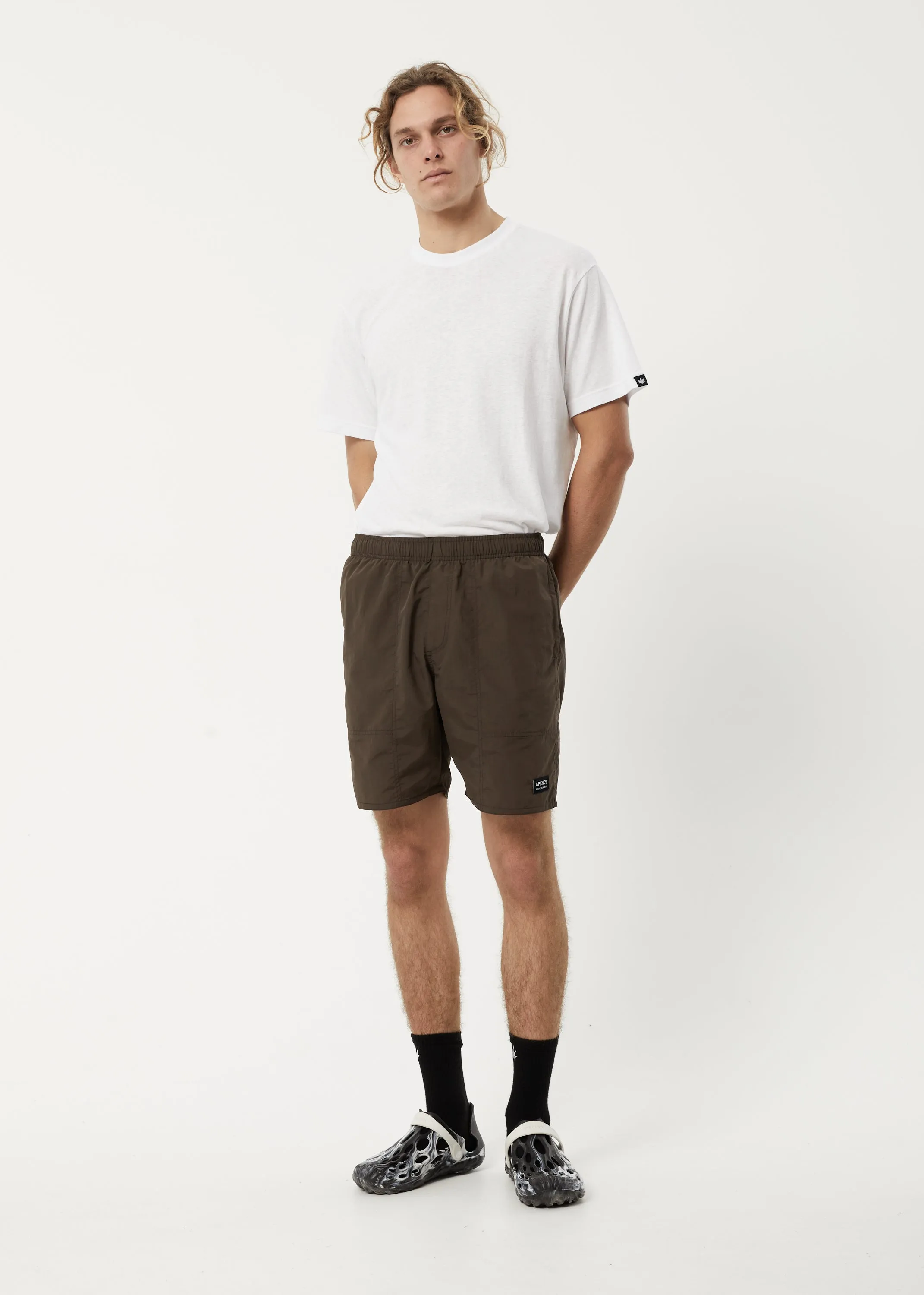 AFENDS Mens Baywatch Misprint - Elastic Waist Shorts - Coffee