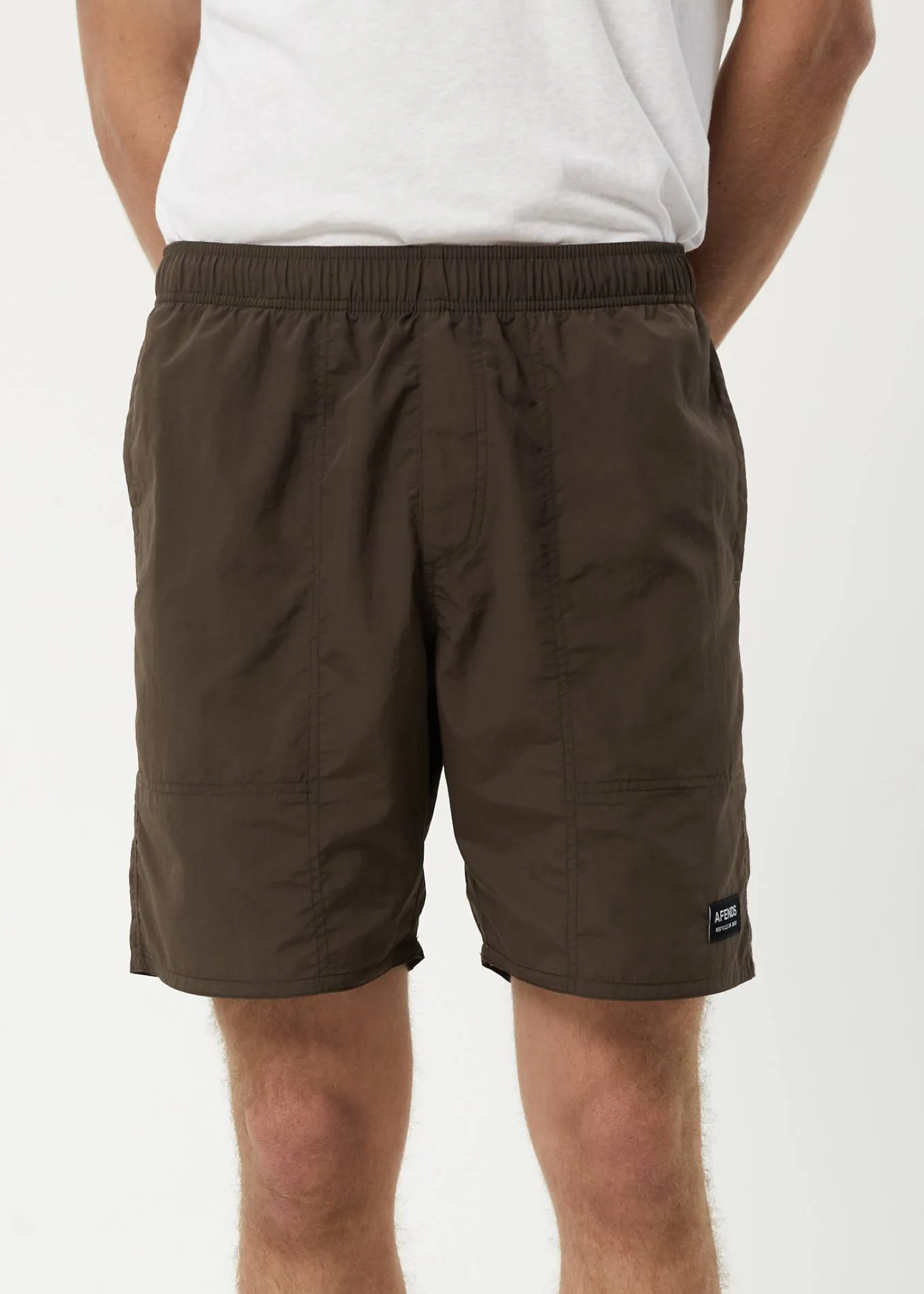 AFENDS Mens Baywatch Misprint - Elastic Waist Shorts - Coffee