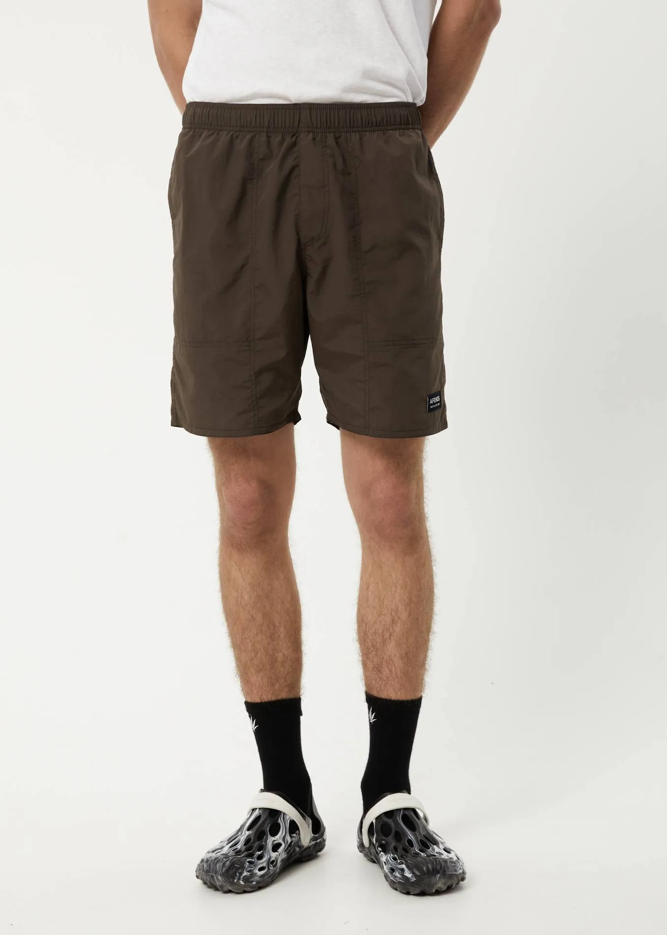 AFENDS Mens Baywatch Misprint - Elastic Waist Shorts - Coffee