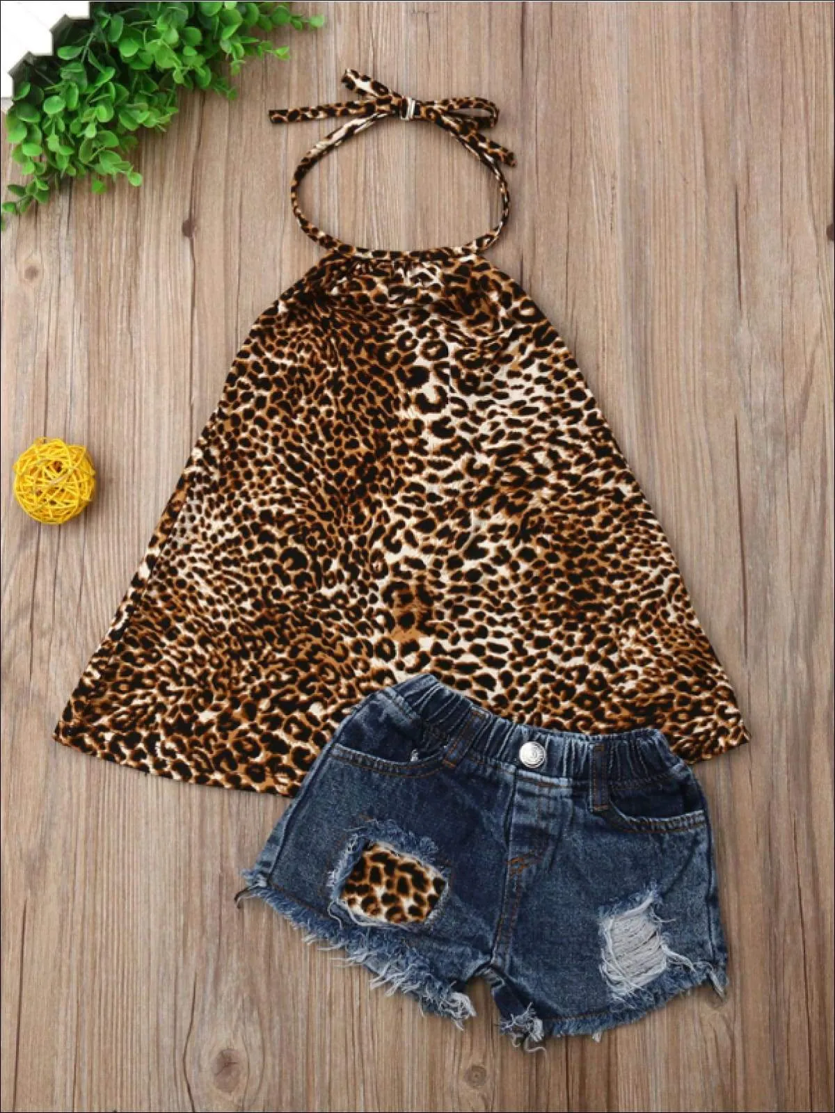 Girls Animal Print Halter Tunic And Matching Denim Shorts with Patch Set