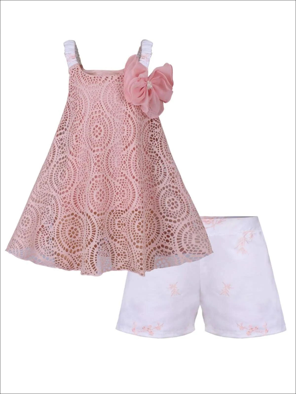 Girls Sleeveless Appliqued Lace Swing Top And Short Set