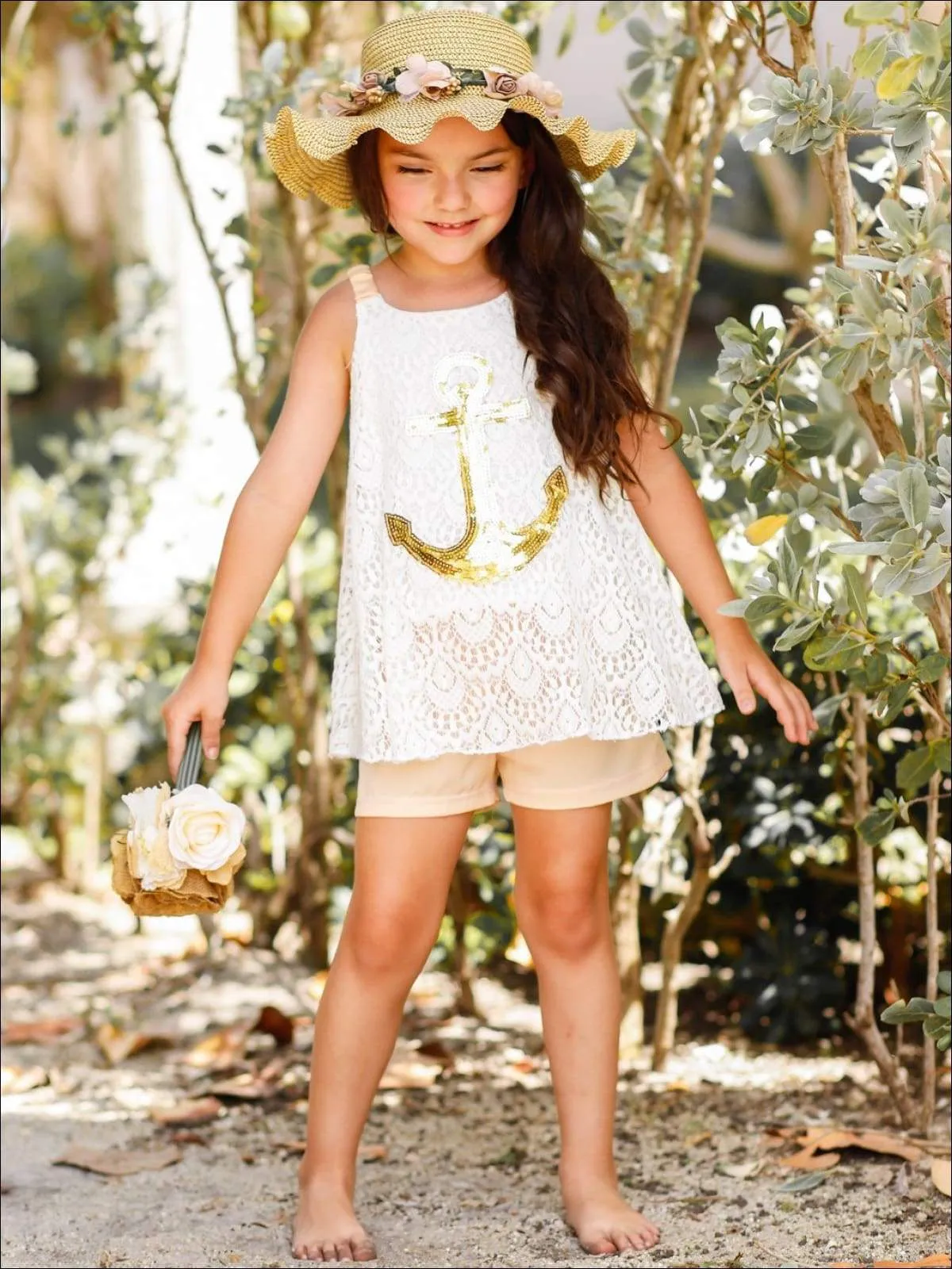 Girls Sleeveless Appliqued Lace Swing Top And Short Set