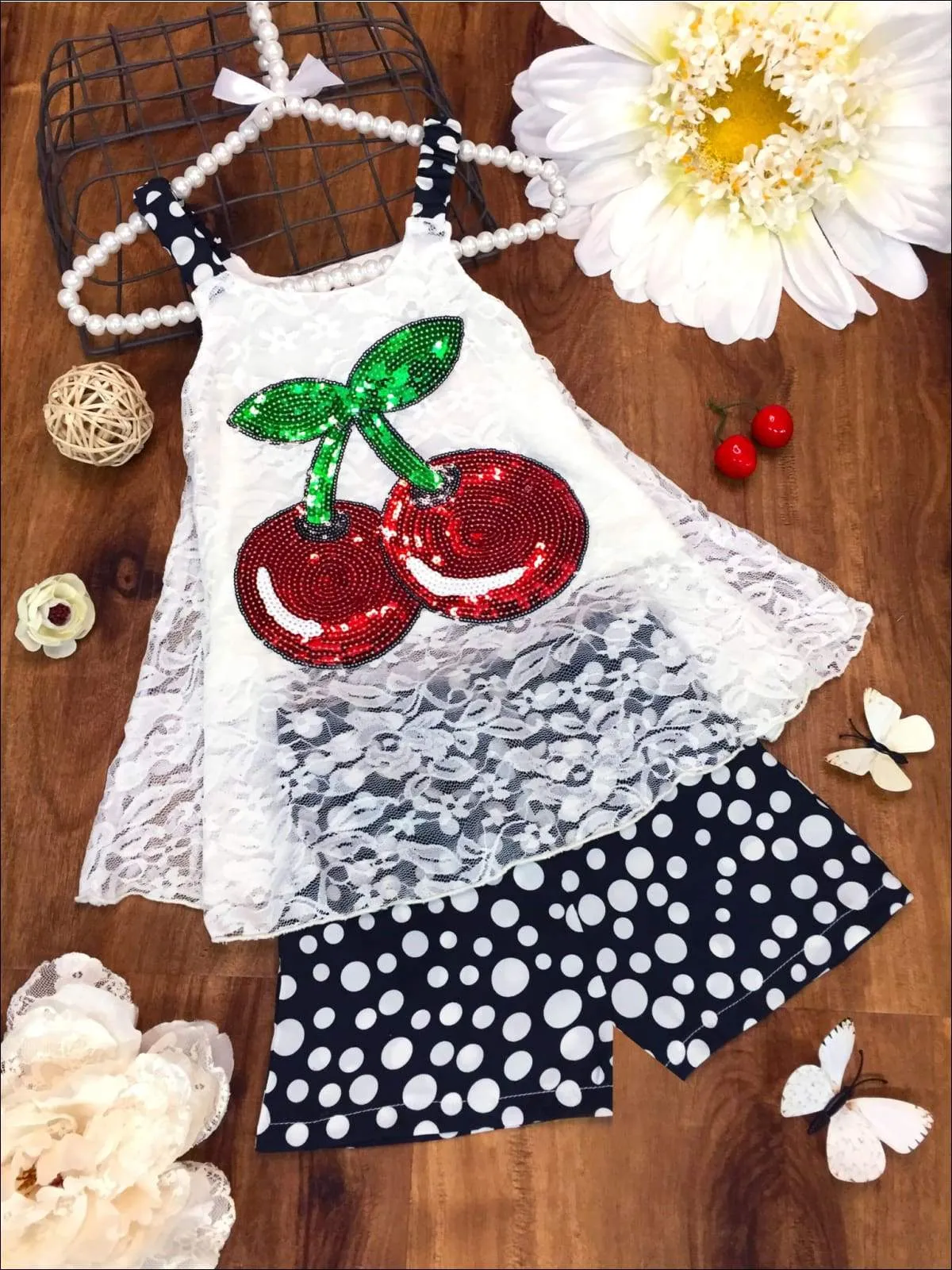 Girls Sleeveless Appliqued Lace Swing Top And Short Set