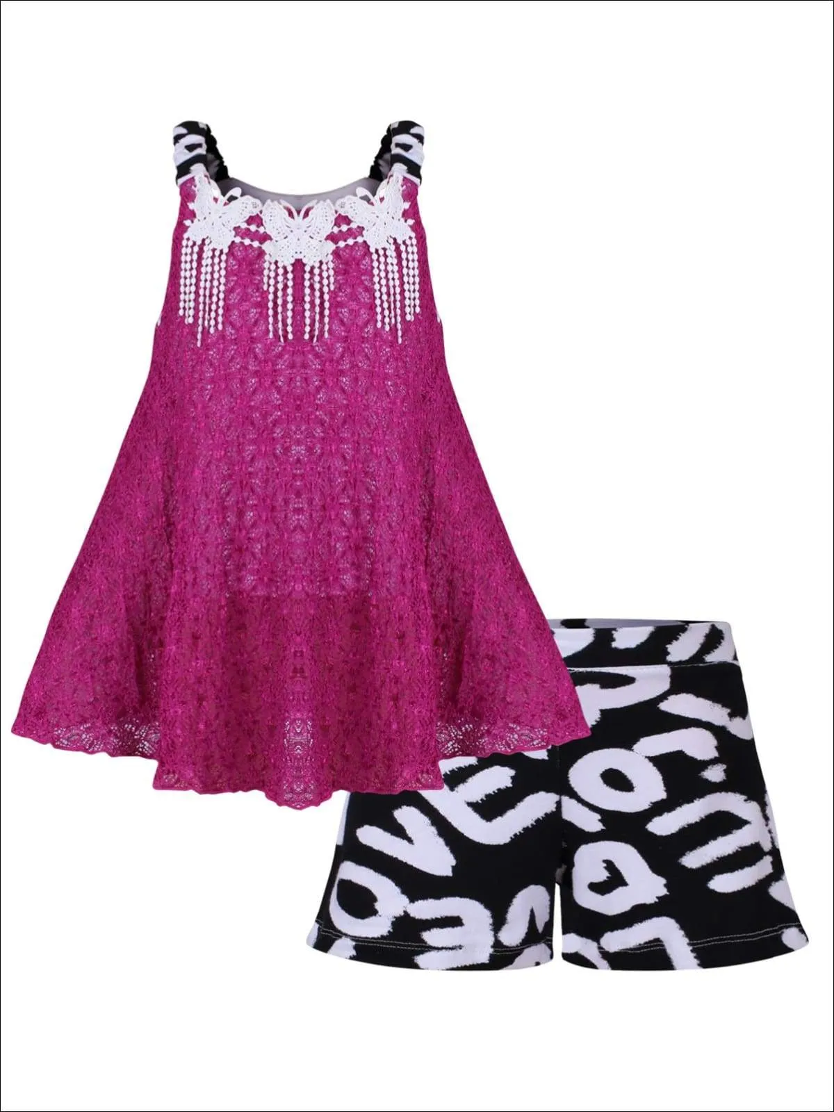 Girls Sleeveless Appliqued Lace Swing Top And Short Set