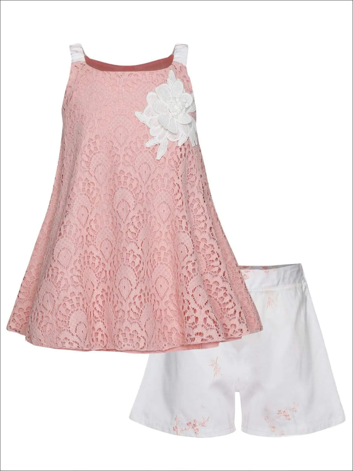 Girls Sleeveless Appliqued Lace Swing Top And Short Set