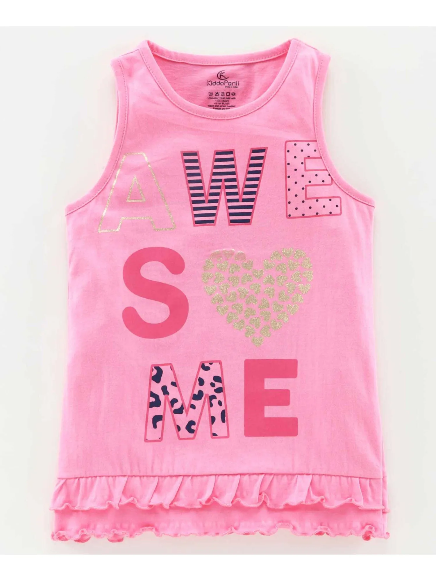 Girls Sleeveless tee with Print and frill hem