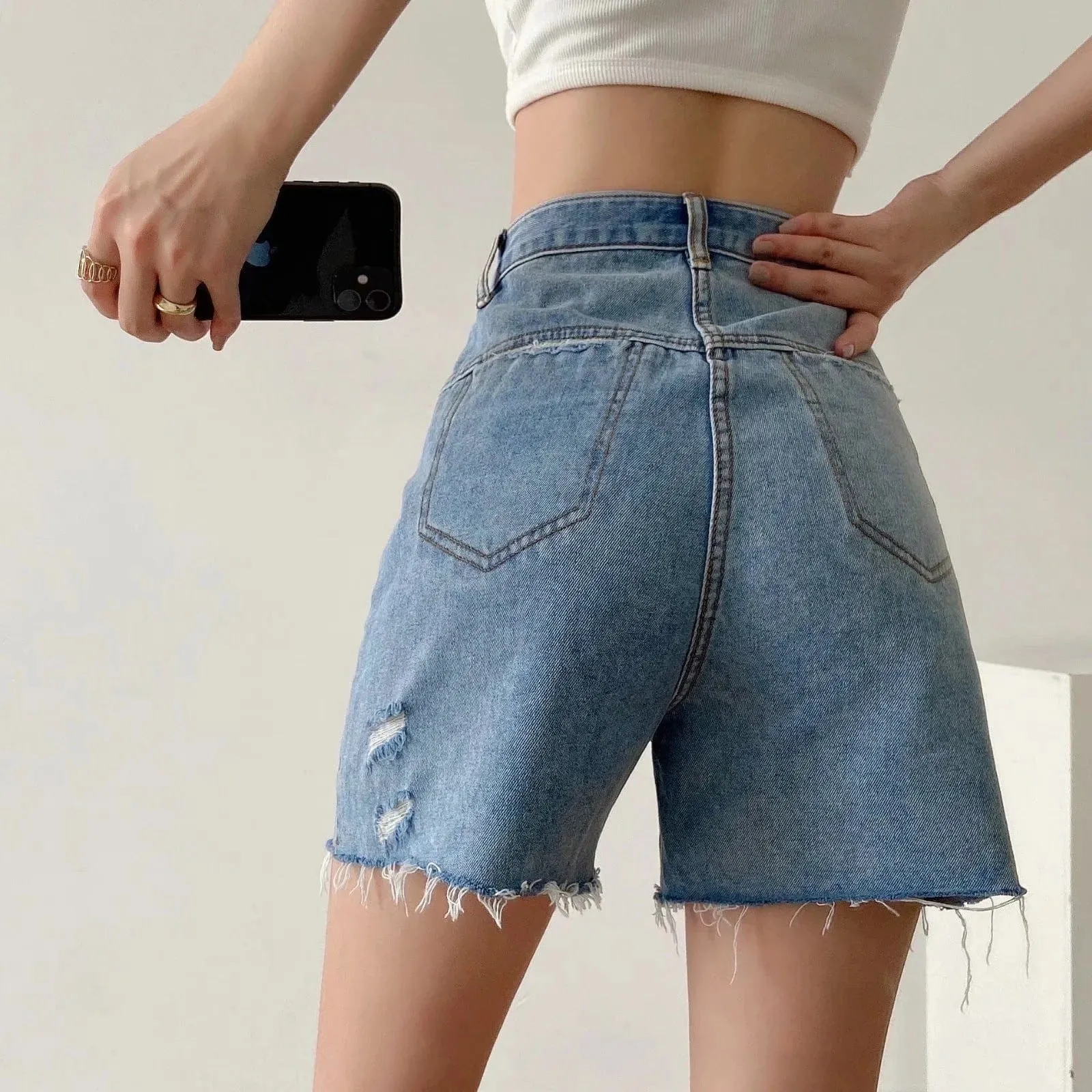 High Rise Relaxed Raw Hem Denim Dad Shorts