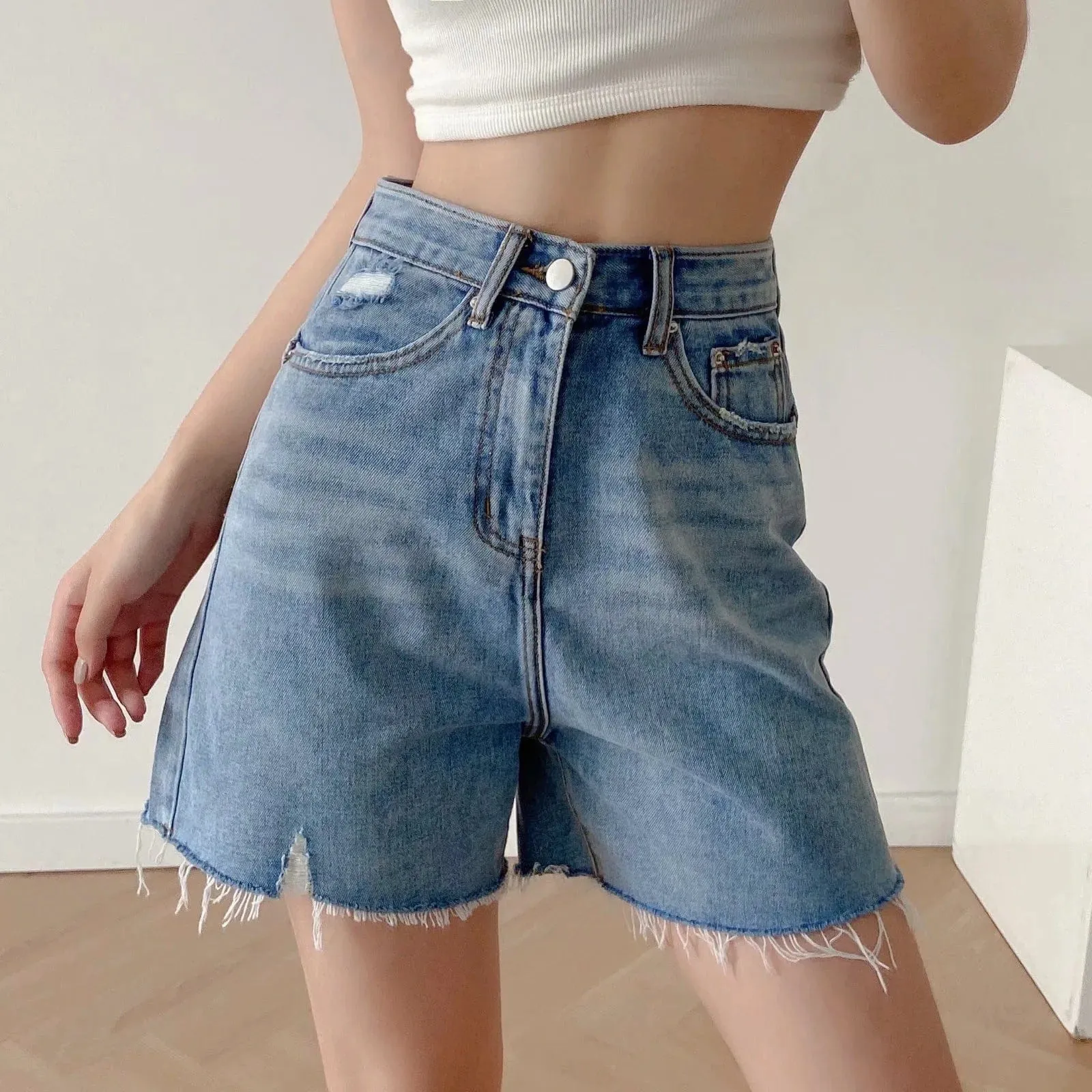 High Rise Relaxed Raw Hem Denim Dad Shorts