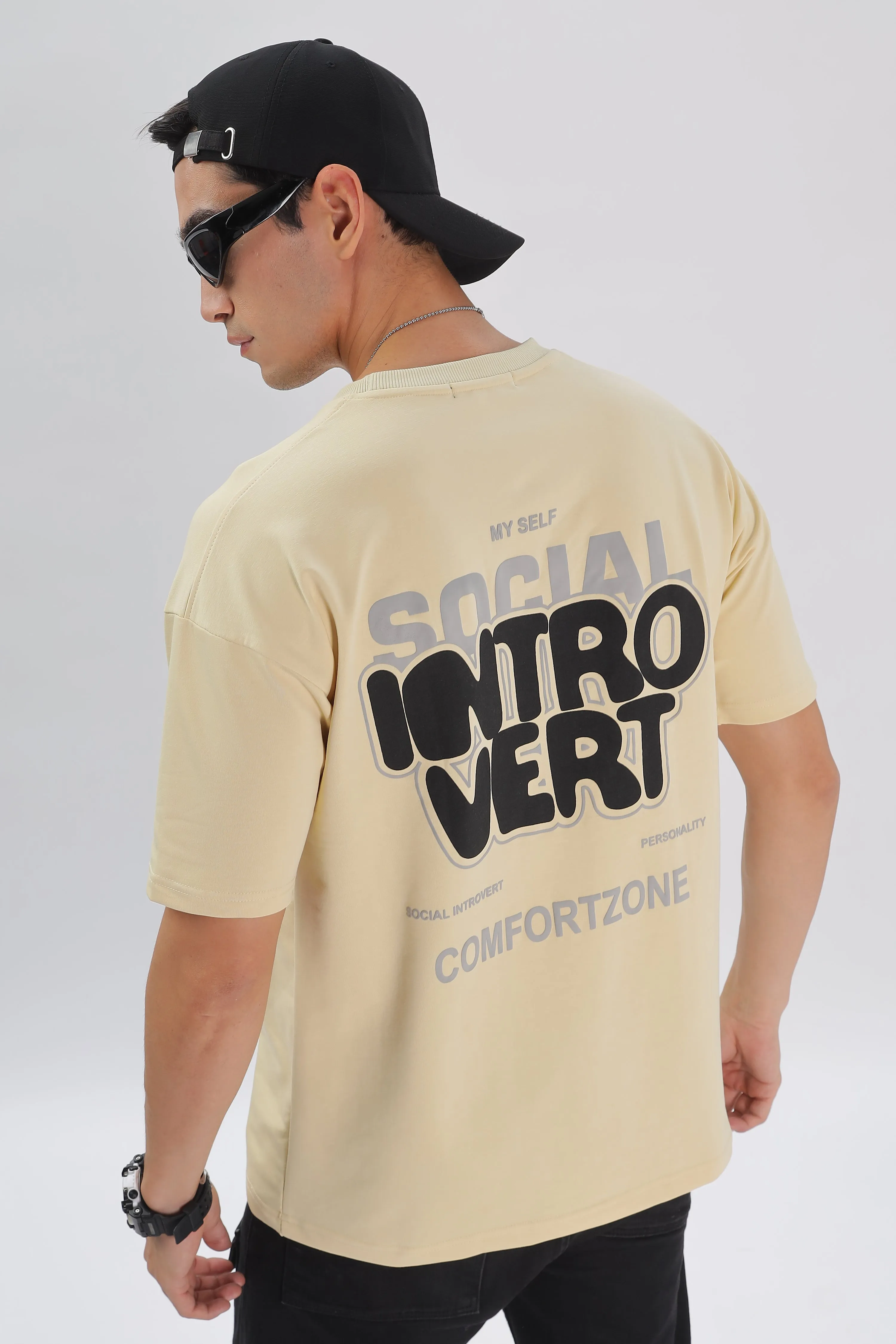 Introvert Vibes Drop Shoulder T-Shirt: Cream