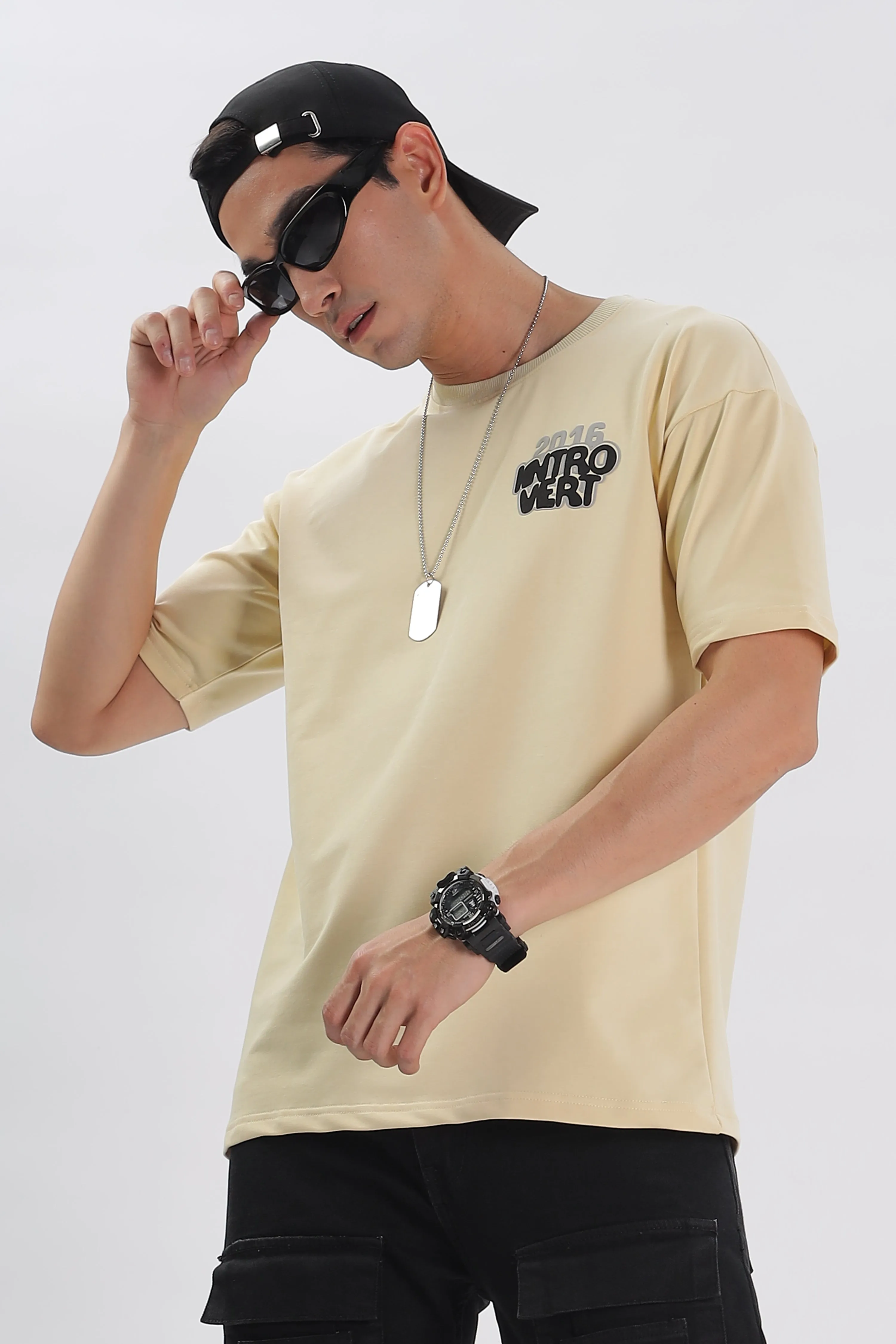 Introvert Vibes Drop Shoulder T-Shirt: Cream