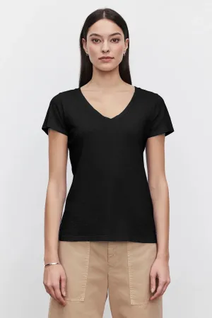 LILITH V-Neck Cotton Slub Tee in Black