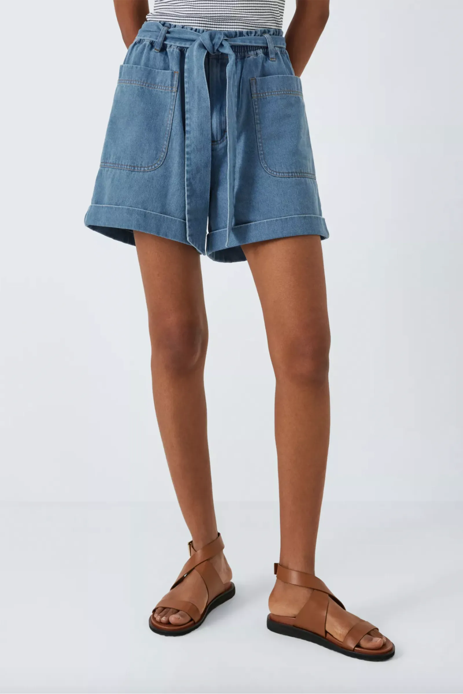 Paperbag Denim Shorts, Mid Wash