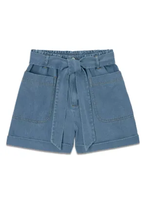 Paperbag Denim Shorts, Mid Wash