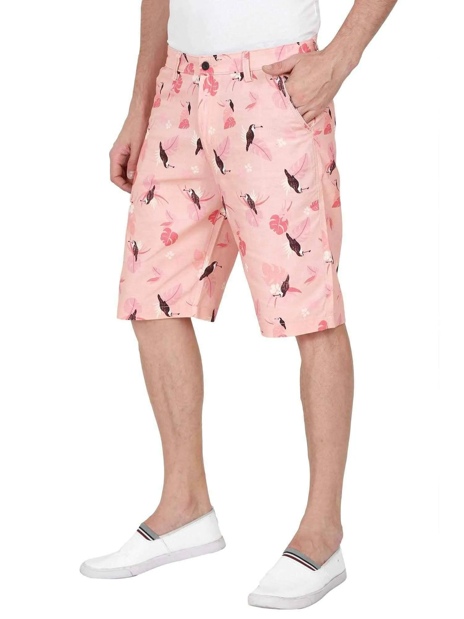 Peach Men Bird Printed Cotton Shorts