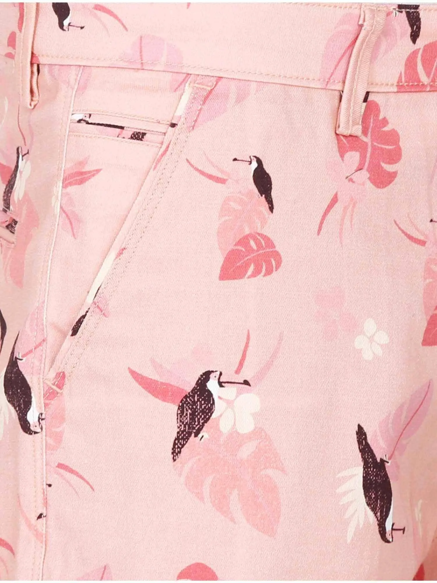 Peach Men Bird Printed Cotton Shorts