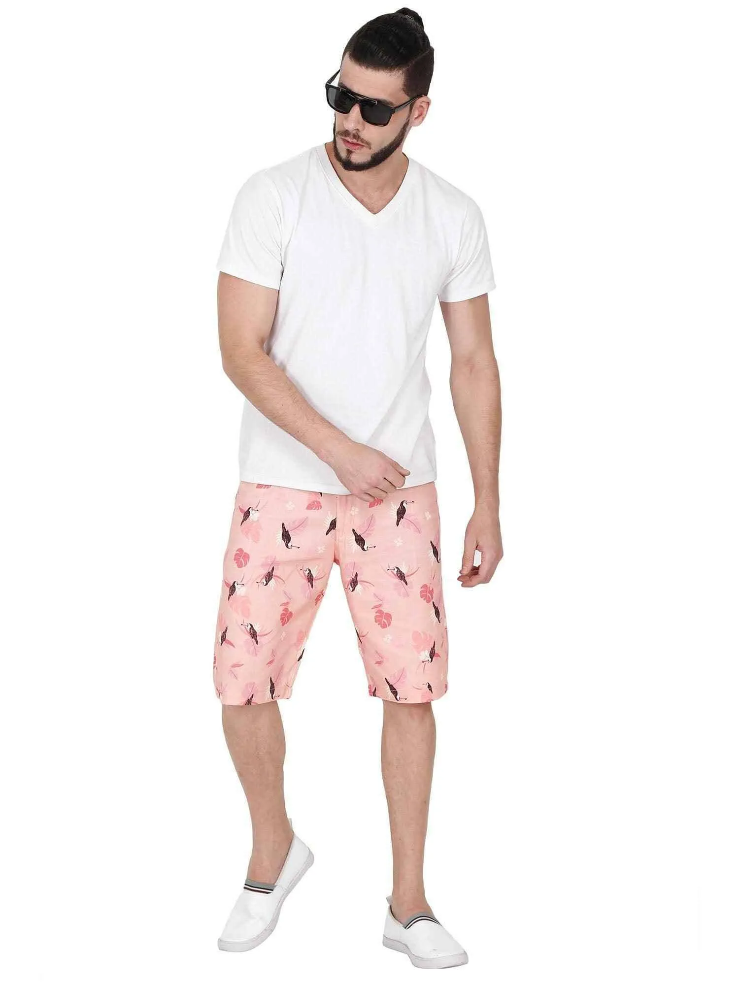 Peach Men Bird Printed Cotton Shorts