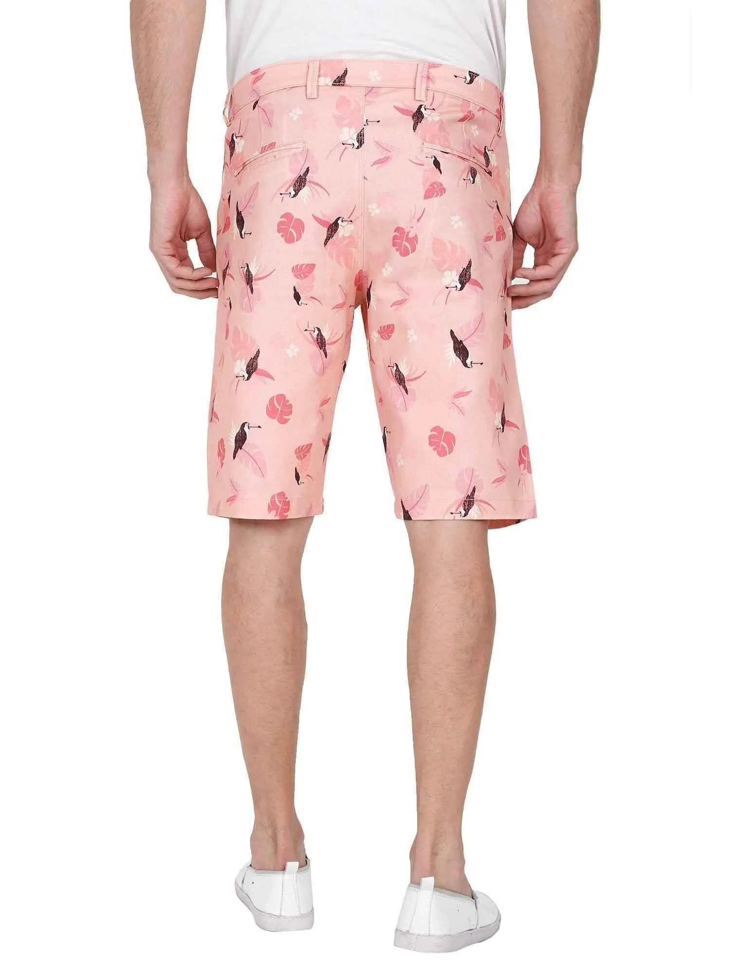 Peach Men Bird Printed Cotton Shorts