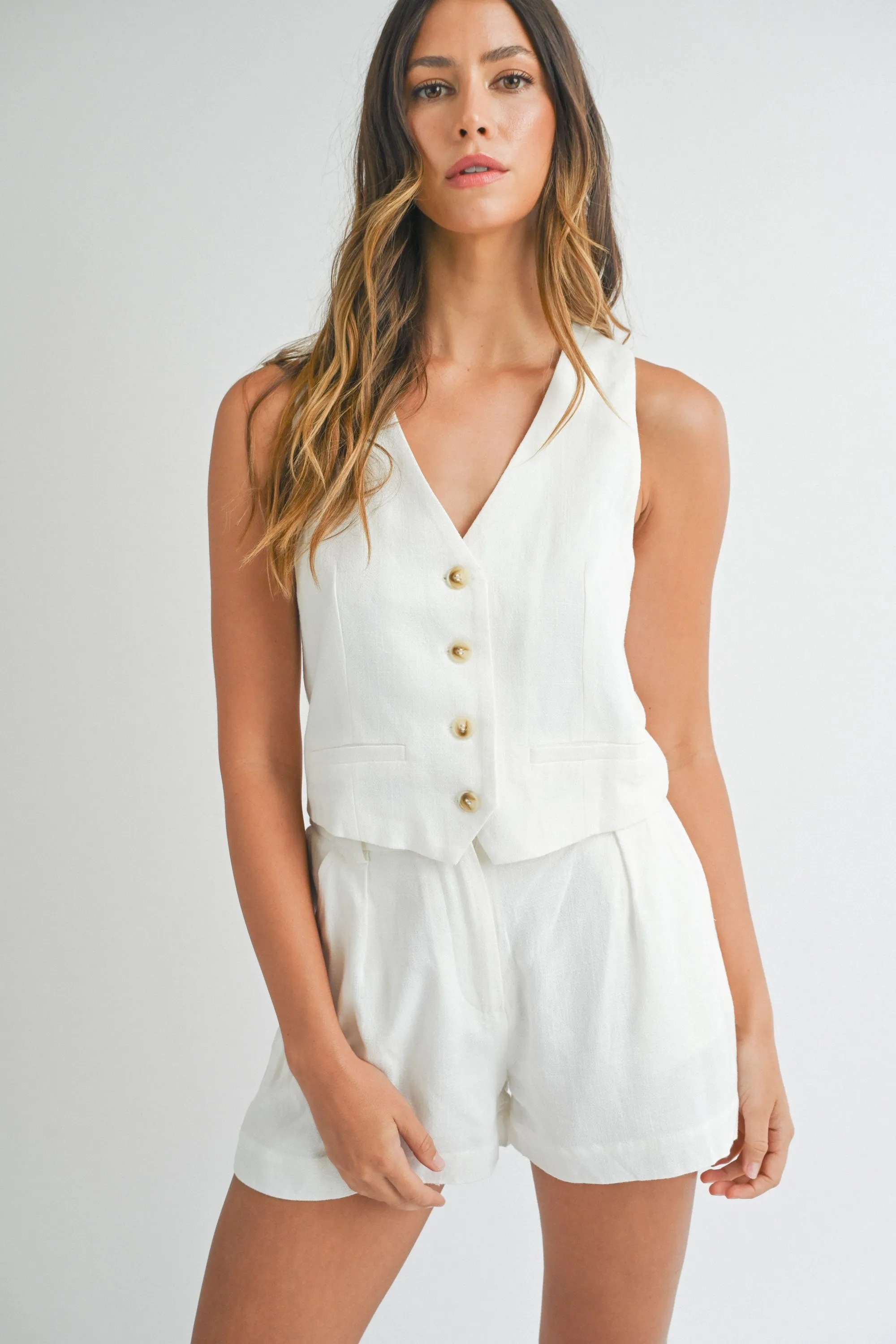 Sophie Linen mix vest short set