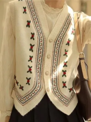 Vintage Embroidery V Neck Sweater Vest