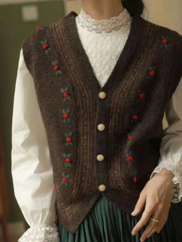 Vintage Embroidery V Neck Sweater Vest