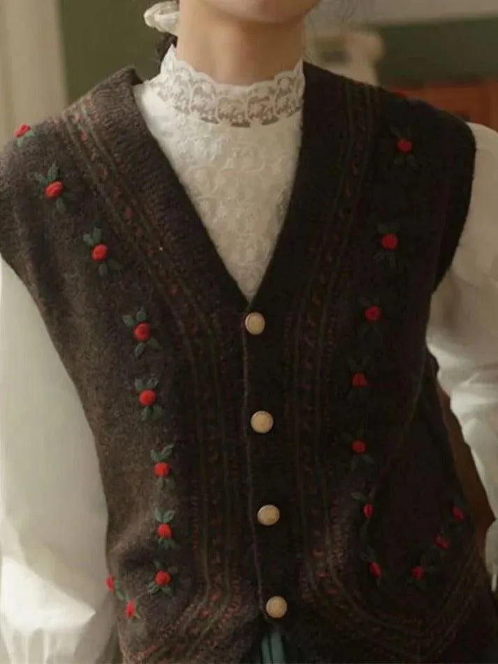 Vintage Embroidery V Neck Sweater Vest