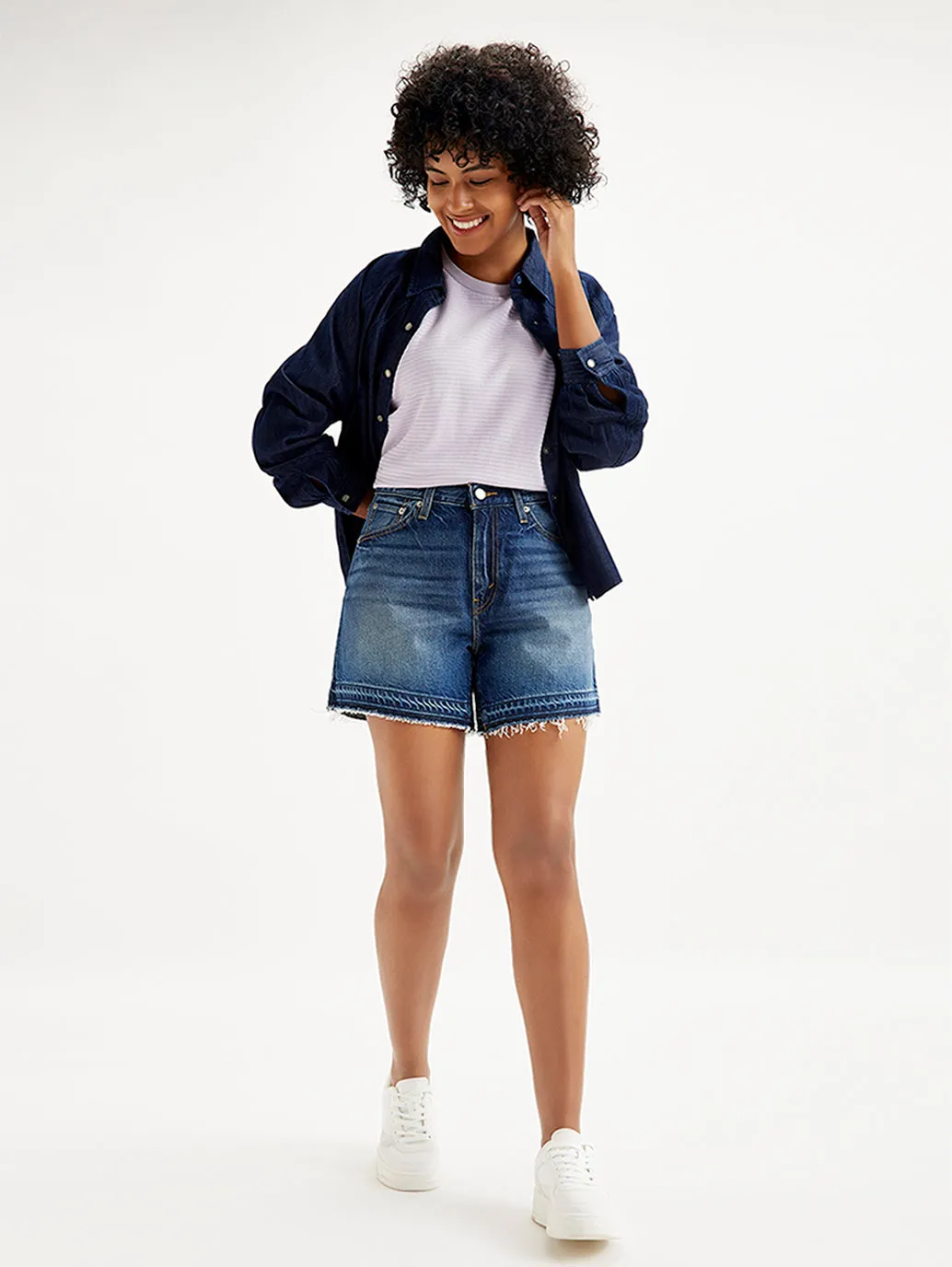 Women's Mid Rise Navy Relaxed Fit Denim Shorts