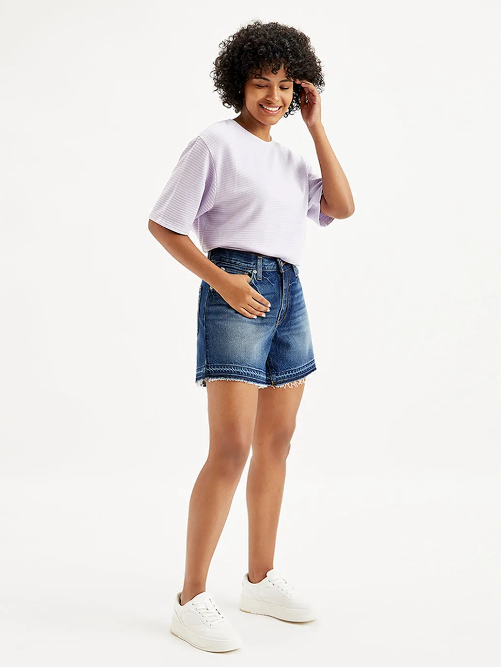 Women's Mid Rise Navy Relaxed Fit Denim Shorts